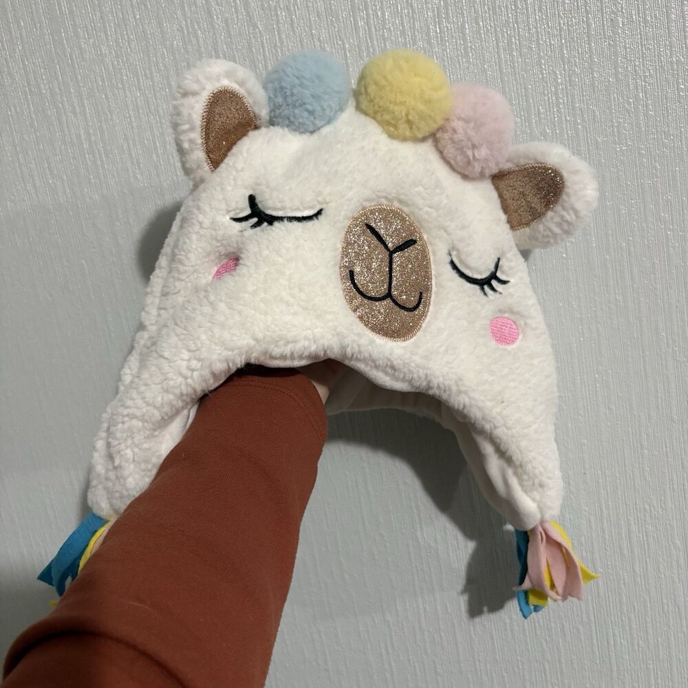 Fuzzy Llama Winter Hat Puff Ball Sparkle Ear Flap Tassle Fun Girls Large